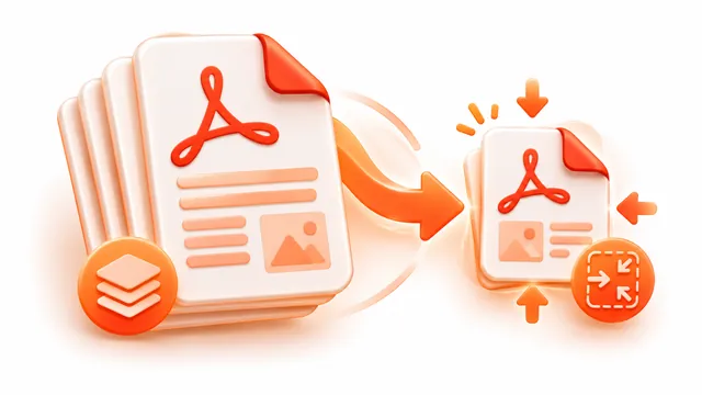 A stack of PDF pages being squeezed into a compact PDF file