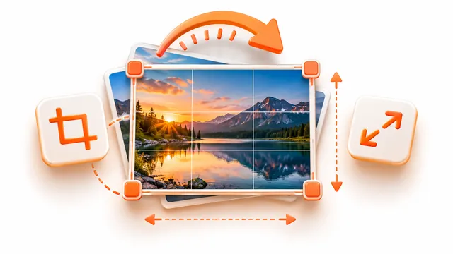 3D photo editing tools with a crop frame, rotate arrows and resize handles