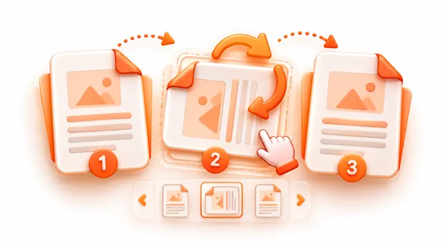 A 3D view of PDF pages being rotated and rearranged